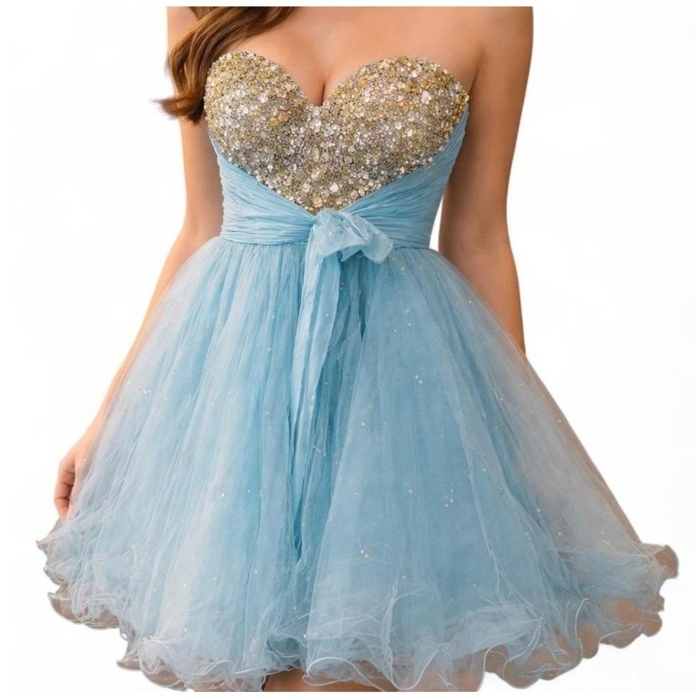 Sherri Hill Strapless Tulle Prom‎ Dress Light Blue 6 Sequin Sweetheart Formal